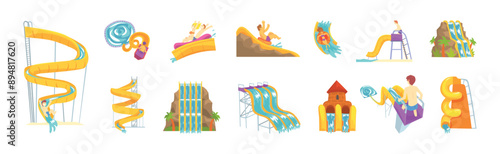 People Character at Aquapark Enjoy Water Slide Vector Set