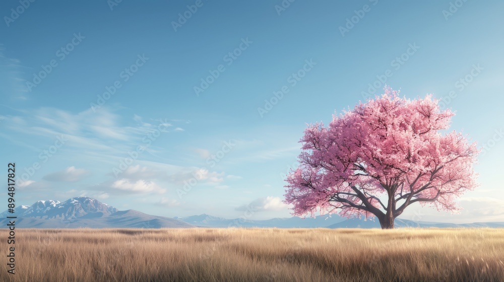 A beautiful pink blossom tree stands alone in a serene landscape under a clear blue sky, showcasing nature's tranquility. A beautiful pink blossom tree stands alone in a serene landscape under a clear blue sky, showcasing nature's tranquility.