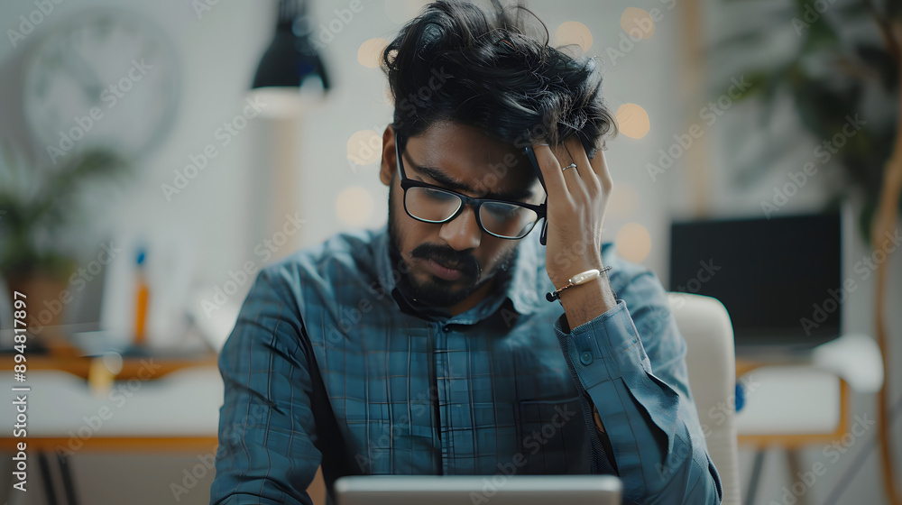 Indian young male businessman standing in the office and looking upset at the phone screen. Holds his head anxiously, received bad news, thinks about solving problems Indian young male businessman standing in the office and looking upset at the phone screen. Holds his head anxiously, received bad news, thinks about solving problems