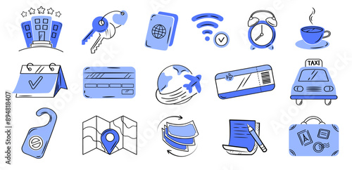 Hotel or hostel blue color doodle icon set. Tourism, travel hand drawn illustrations on white background.