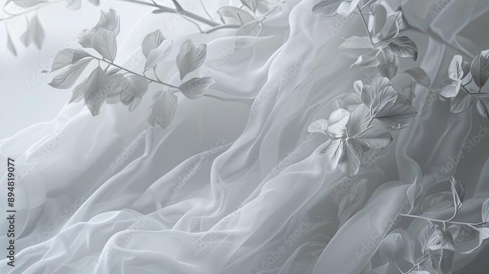 Obraz premium Delicate, translucent fabric intertwined with ethereal, leaf-like shapes creates a serene and dreamy composition