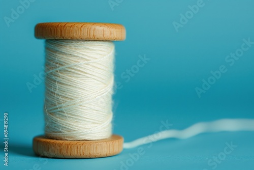 Photo of a white thread on a wooden spool, isolated against a coloured background, simple composition with space for copy. Sewing and hobby concept.