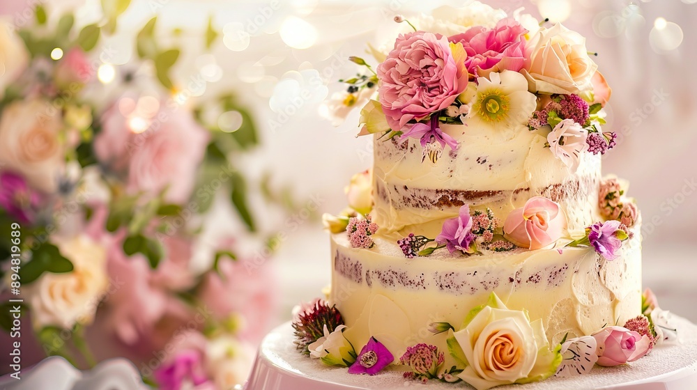 Fototapeta premium A wedding cake with flowers on top.