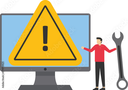 System error concept. Software problem or system failure, security alert or hardware fault to be fixed, caution or maintenance, young technician holding wrench fix system failure message on computer.
