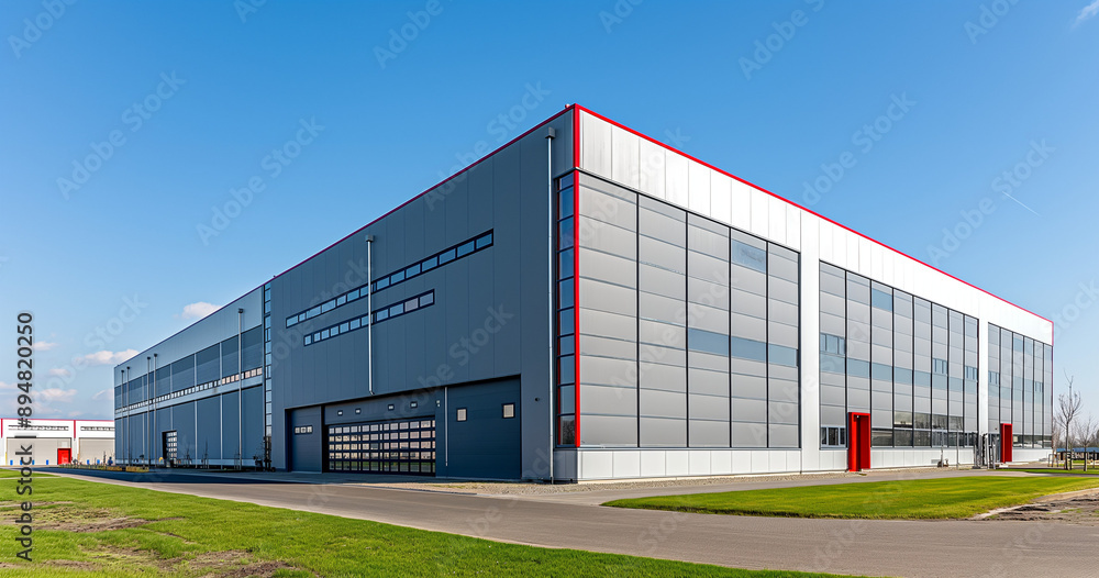 Fototapeta premium Exterior of a industrial warehouse dock station with gray walls and red edges, surrounded by green grass. Commercial storehouse building, business unit, cargo factory, distribution, logistic.