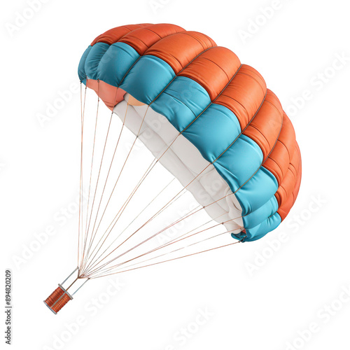Colorful parachute with blue and orange segments, isolated on white background, showcasing outdoor adventure and extreme sports equipment.