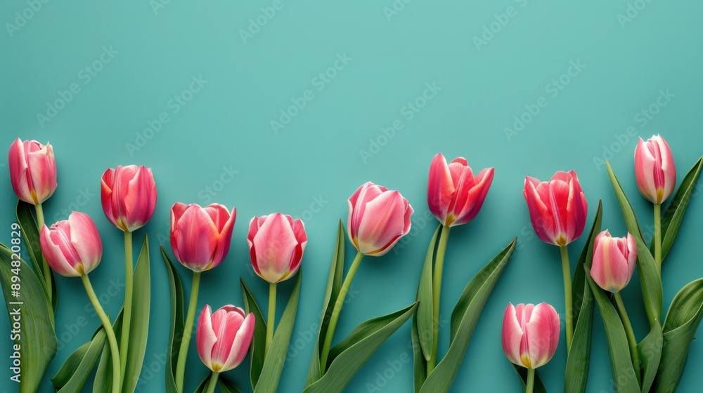 Pink Tulips on Turquoise Background Pink Tulips on Turquoise Background