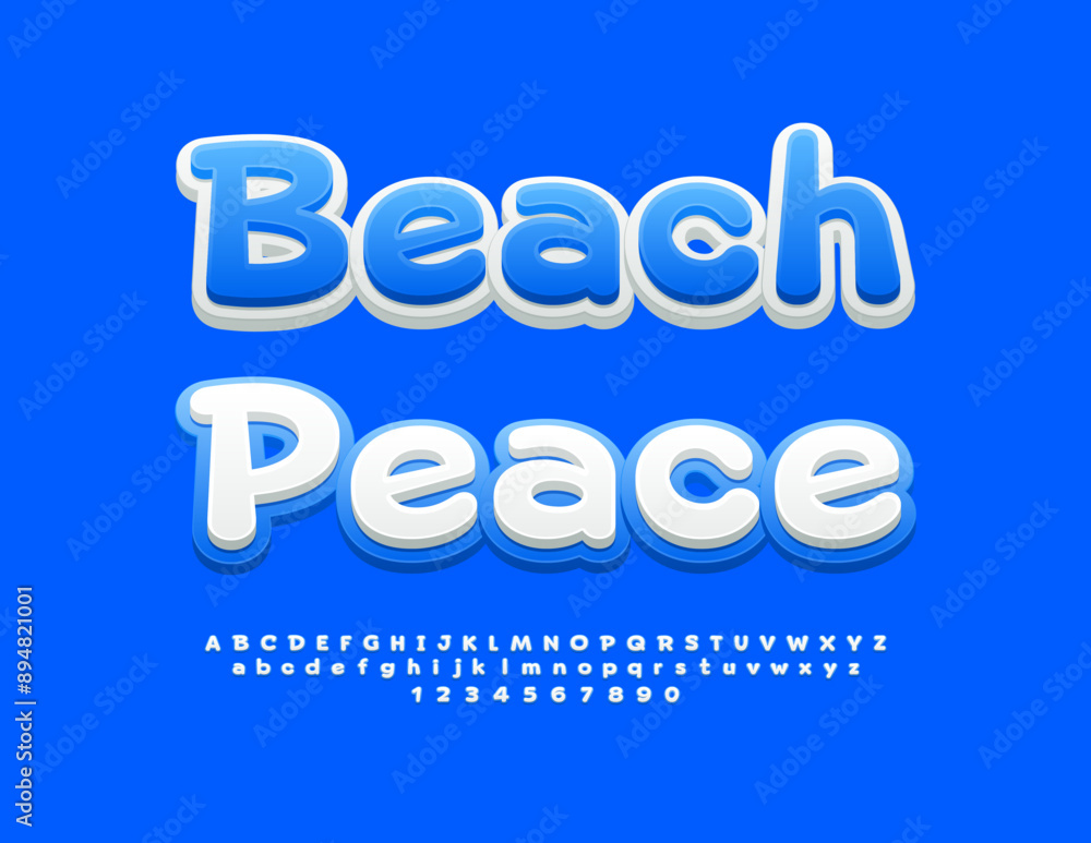 Vector travel flyer Beach Peace. White and Blue bright Font. Cute Creative Alphabet Letters and Numbers. Vector travel flyer Beach Peace. White and Blue bright Font. Cute Creative Alphabet Letters and Numbers.