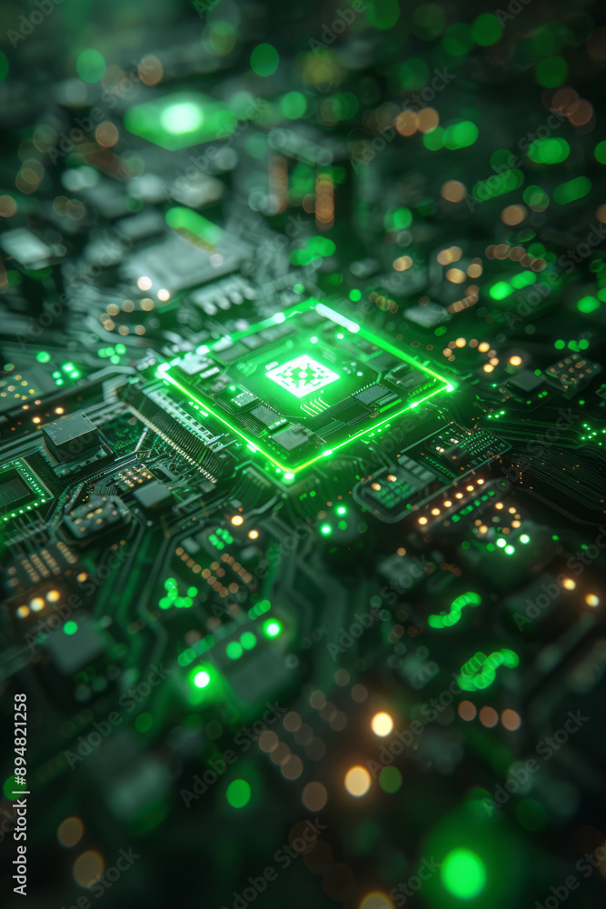 Abstract neon green digital blocks illuminating a dark circuit board, creating a high-tech, futuristic atmosphere, Abstract neon green digital blocks illuminating a dark circuit board, creating a high-tech, futuristic atmosphere,
