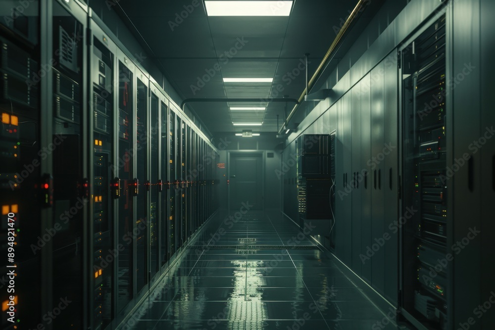 Dimly Lit Data Center with Server Racks Dimly Lit Data Center with Server Racks