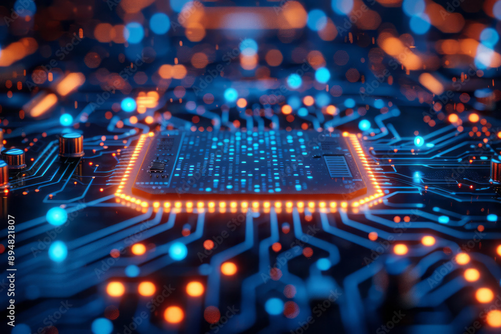 Glowing neon blue digital blocks on a dark circuit board, creating a mesmerizing, high-tech pattern, Glowing neon blue digital blocks on a dark circuit board, creating a mesmerizing, high-tech pattern,