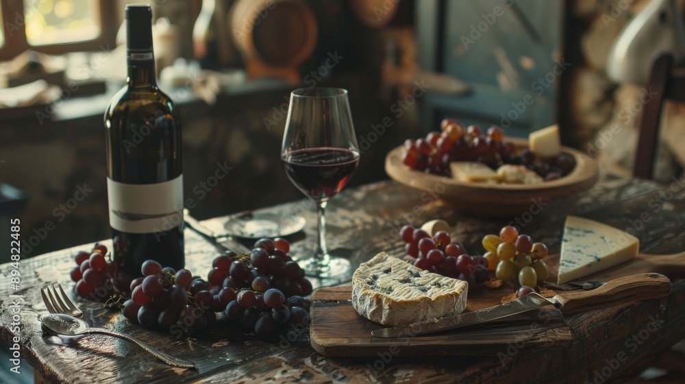 Wine and Cheese Pairing on Rustic Table. Wine and Cheese Pairing on Rustic Table.