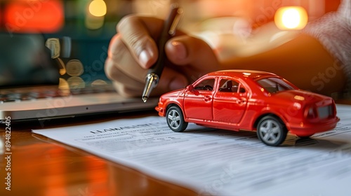 Signing car insurance documents on the car background