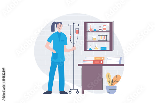 Medicine concept in modern flat design for web. Nurse with dropper helps patients in hospital wards, doing assistance, supports in intensive resuscitation, taking care in clinic. Vector illustration.