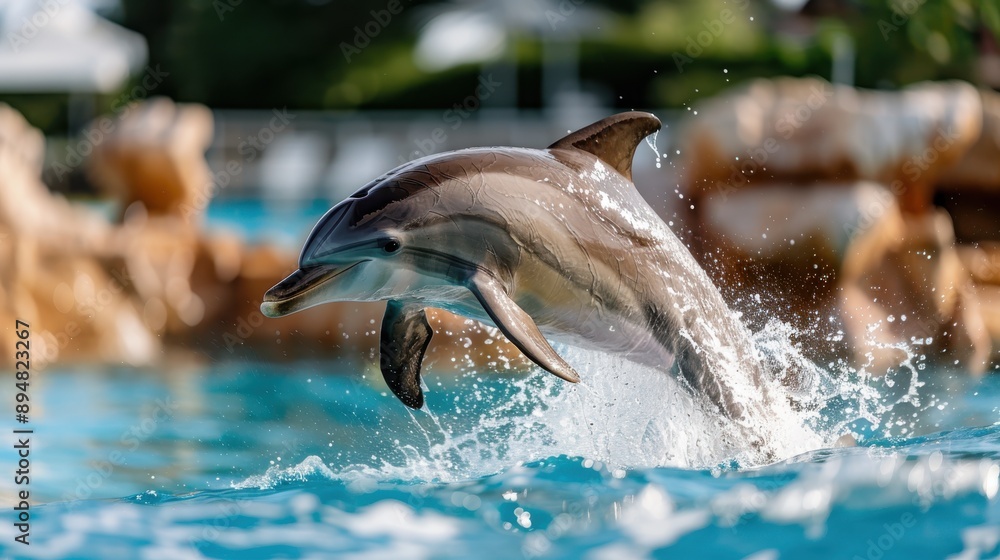 Fototapeta premium Photograph captures a dynamic dolphin just above the water's surface amid a splash of blue waves, emphasizing its energetic and spirited nature within an aquatic locale.