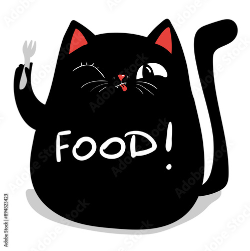 Cute black cat eating on a fork with appetite, food, yummy