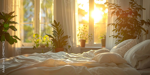 The blurred interior of the bedroom with a window and a bed. Soft light enters the room. There are a lot of green house plants in pots in the background.