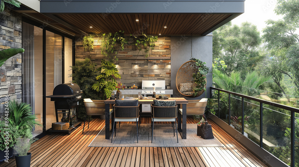 Obraz premium An elegantly designed outdoor balcony. The balcony is adorned with wooden flooring, complemented by a glass railing. On the left, there's a barbecue grill integrated into the stone wall