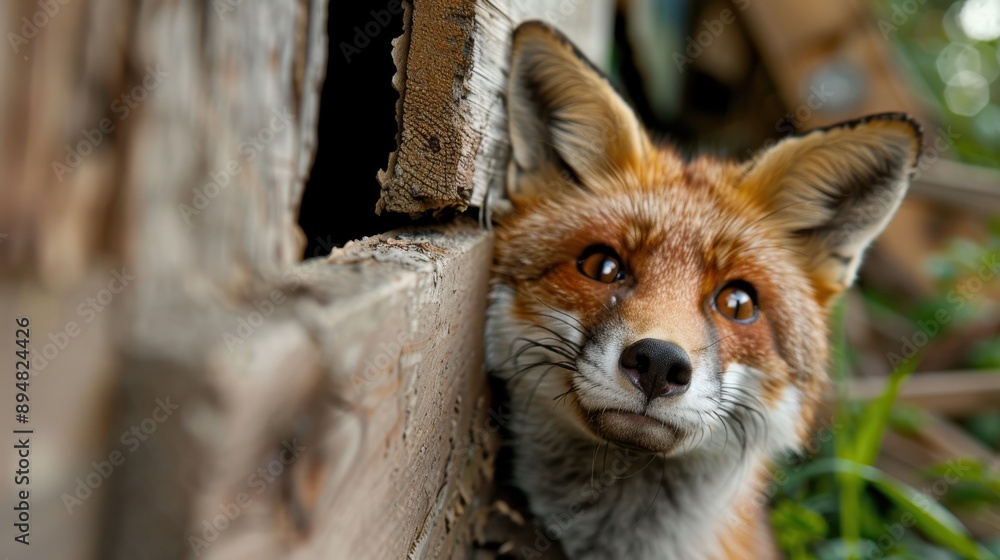 A detailed close-up of a fox nestled beside a rustic wooden structure, highlighting its sharp eyes, rich fur colors, and the natural habitat with scattered greenery. A detailed close-up of a fox nestled beside a rustic wooden structure, highlighting its sharp eyes, rich fur colors, and the natural habitat with scattered greenery.
