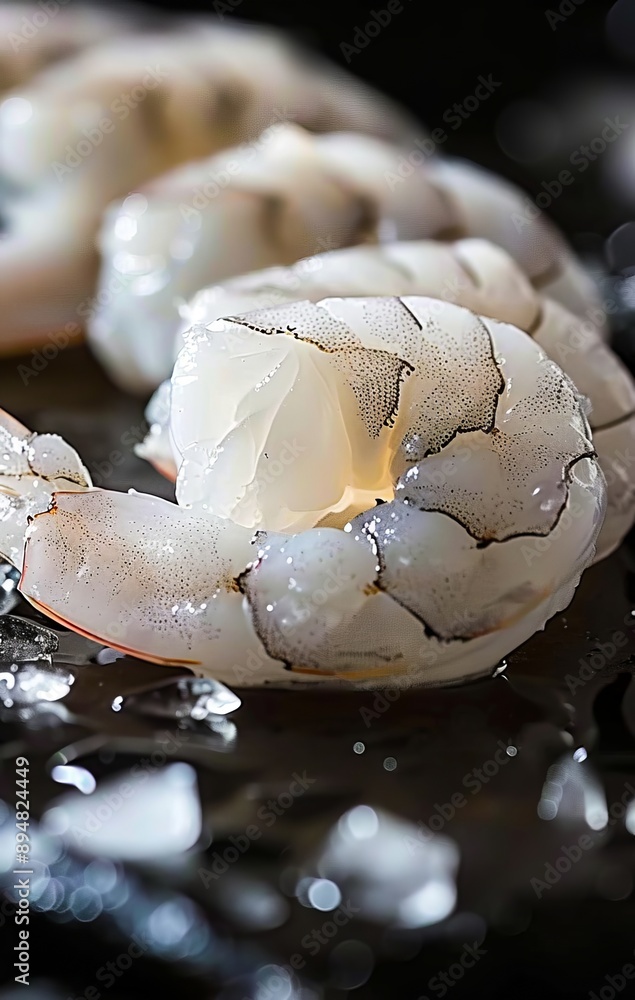 Shrimp on a black surface with ice. Shrimp on a black surface with ice.