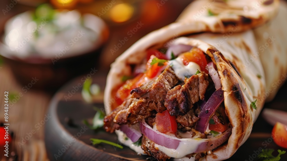 Delicious wrap filled with tender meat, fresh vegetables, and creamy sauce, perfect for a satisfying meal. Delicious wrap filled with tender meat, fresh vegetables, and creamy sauce, perfect for a satisfying meal.