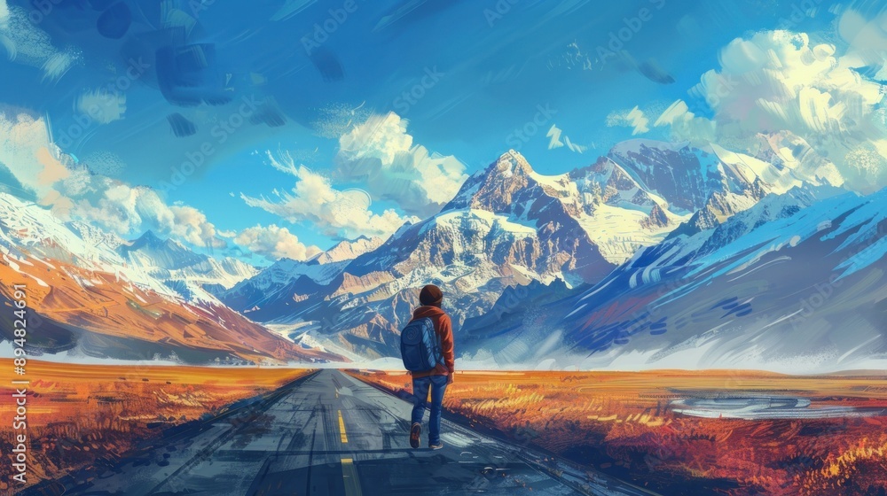 A Lone Traveler on a Road Leading to Majestic Mountains A Lone Traveler on a Road Leading to Majestic Mountains