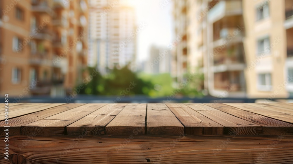 A close-up of a wooden tabletop with a blurry background of city buildings and greenery. A close-up of a wooden tabletop with a blurry background of city buildings and greenery.