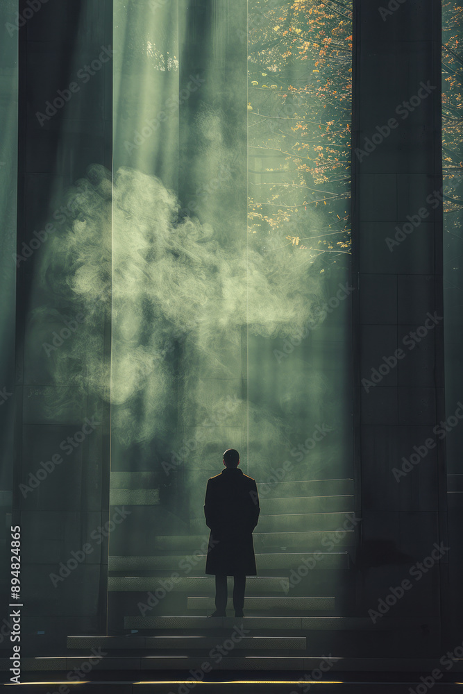 A minimalist image of a man standing on a series of stacked books, each book representing a level of hierarchy, A minimalist image of a man standing on a series of stacked books, each book representing a level of hierarchy,