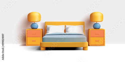 Yellow bed, cabinets, lamps, 3D. Bedroom. For home and hotel recreation concepts. Rental and reservation. Banner for design. Vector