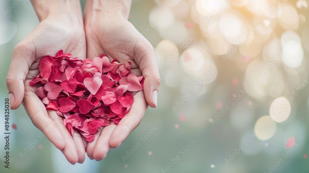 A pair of hands holds heart-shaped rose petals, symbolizing love, care, and romance in a beautiful bokeh background. A pair of hands holds heart-shaped rose petals, symbolizing love, care, and romance in a beautiful bokeh background.