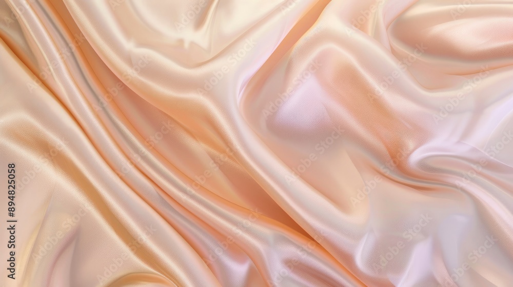 Fototapeta premium Light peach beige silk satin fabric with color gradient and soft drapery.