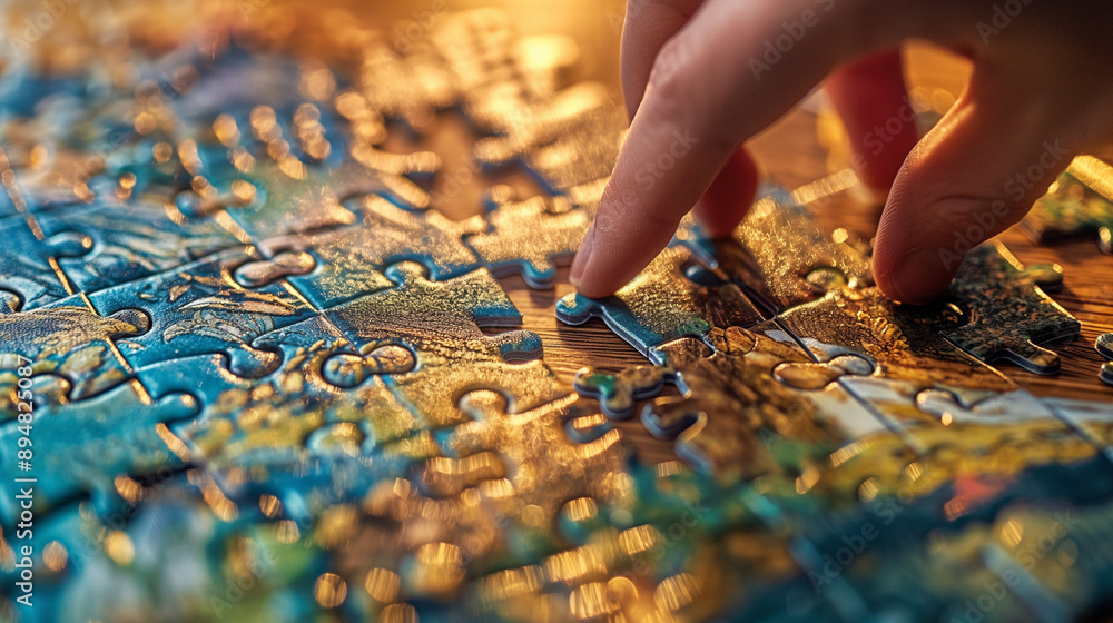 A close-up view of a jigsaw puzzle. A human hand is delicately placing a puzzle piece into its designated slot. The puzzle pieces are intricately designed, displaying a myriad of colors A close-up view of a jigsaw puzzle. A human hand is delicately placing a puzzle piece into its designated slot. The puzzle pieces are intricately designed, displaying a myriad of colors