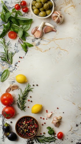 Fresh vegetables and herbs arranged on a marble countertop, ideal for food photography and culinary presentations.