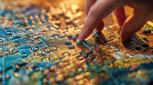 A close-up view of a jigsaw puzzle. A human hand is delicately placing a puzzle piece into its designated slot. The puzzle pieces are intricately designed, displaying a myriad of colors