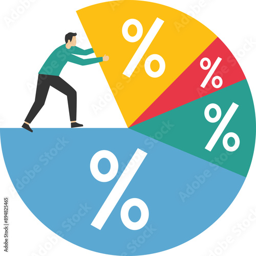 Analyst standing on pie chart pushing allocation to the best performance position. Business analysis, investment asset allocation or economic statistic.

