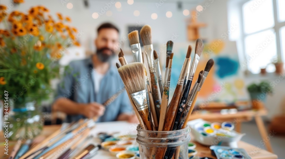 Fototapeta premium A jar of used paintbrushes is featured prominently in the foreground, with an artist blurred in the background, working on painting in an art studio loaded with vibrant colors.