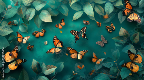  A vibrant teal background adorned with a variety of butterflies and leaves. The butterflies exhibit different patterns and colors, including shades of orange, black, and white