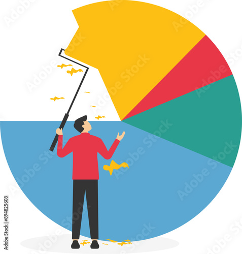 Businessman climb up stepladder to paint a pie chart. Rebalancing investment portfolio to suitable for risk and return. Investment asset allocation and rebalance. Vector illustration.


