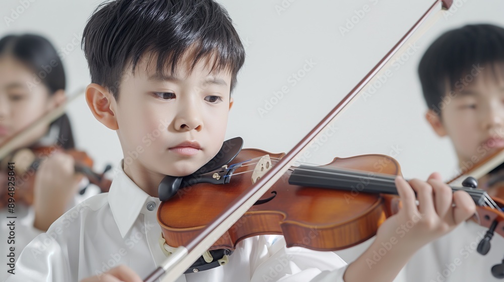 Asian Child Playing Violin During Music Class Asian Child Playing Violin During Music Class