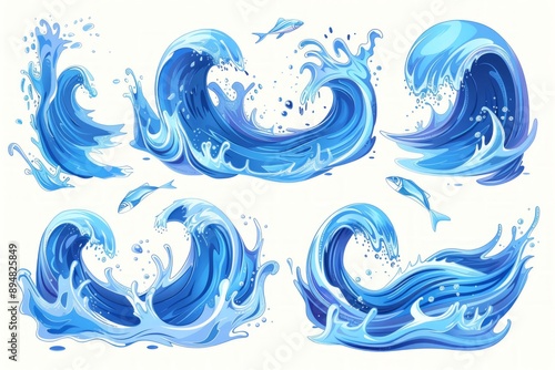 Sea waves collection. Cartoon style illustration of blue ocean waves isolated on white background