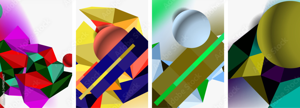 Set of geometric abstract composition with spheres and triangles. Vector illustration For Wallpaper, Banner, Background, Card, Book Illustration, landing page Set of geometric abstract composition with spheres and triangles. Vector illustration For Wallpaper, Banner, Background, Card, Book Illustration, landing page