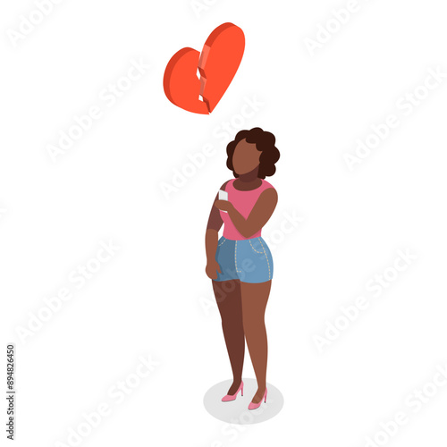 3D Isometric Flat Vector Illustration of Heartbreack, Unhappy Couple with Broken Hearts. Item 2
