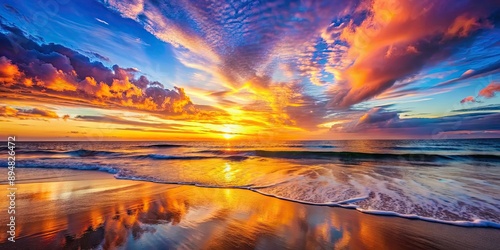 Vibrant sunset sky reflecting on calm ocean waves at the beach, sunset, beach, ocean, waves, sky, colorful, vibrant, tranquil photo