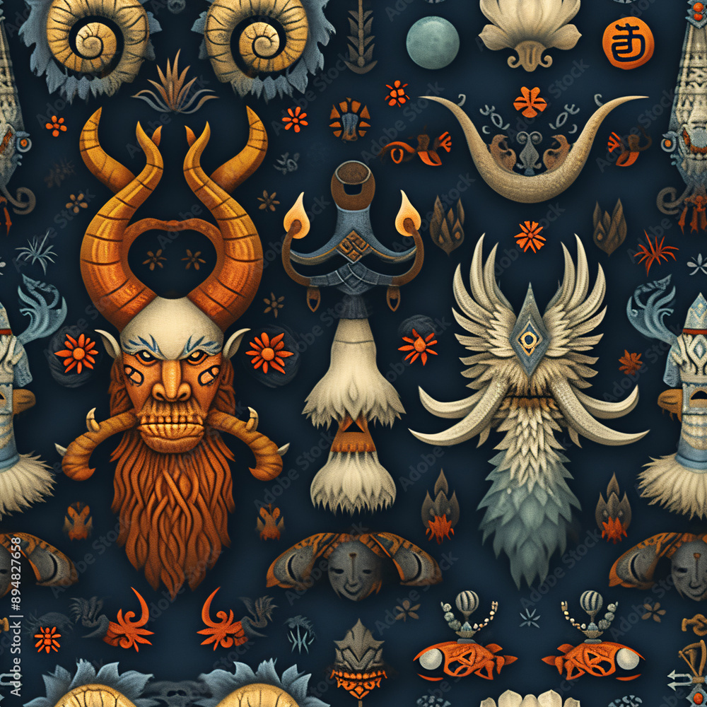 Colorful cartoon pattern of Norse mythology, with gods, runes and ...
