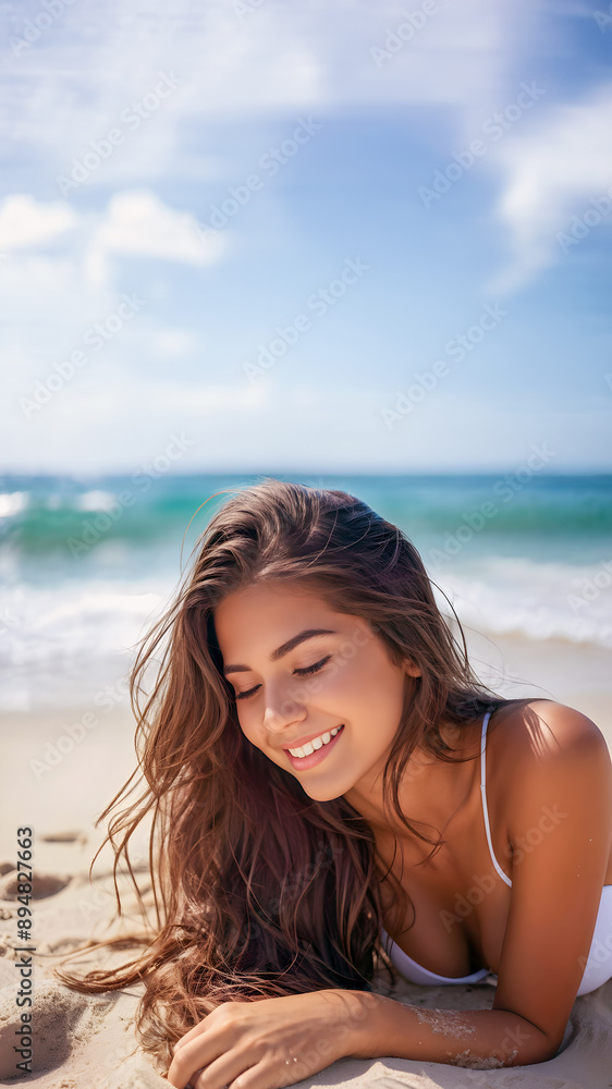 A young woman lying on a sandy beach. Space for text A young woman lying on a sandy beach. Space for text