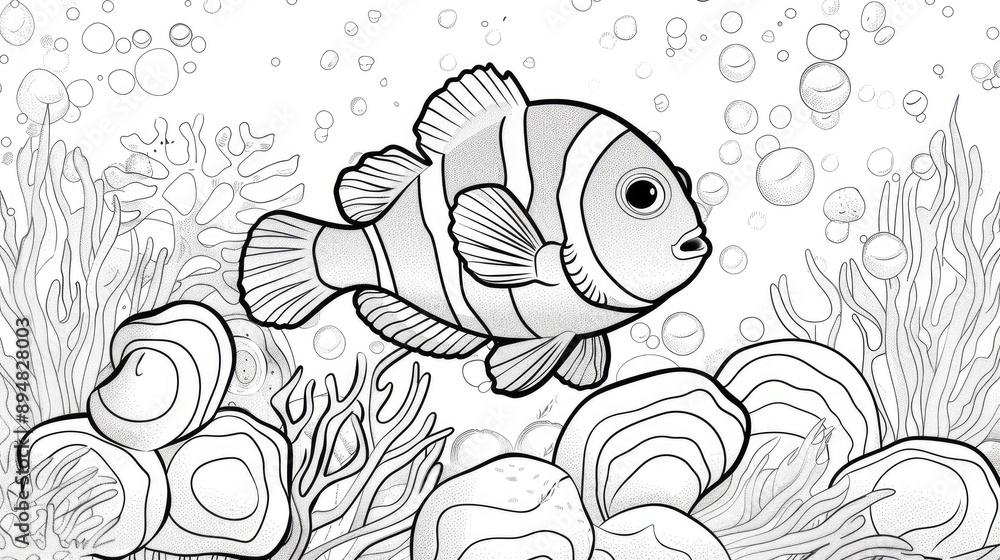 Clown fish under the sea, cartoon lines, white background with coral as an element used for coloring. Generative Ai Clown fish under the sea, cartoon lines, white background with coral as an element used for coloring. Generative Ai
