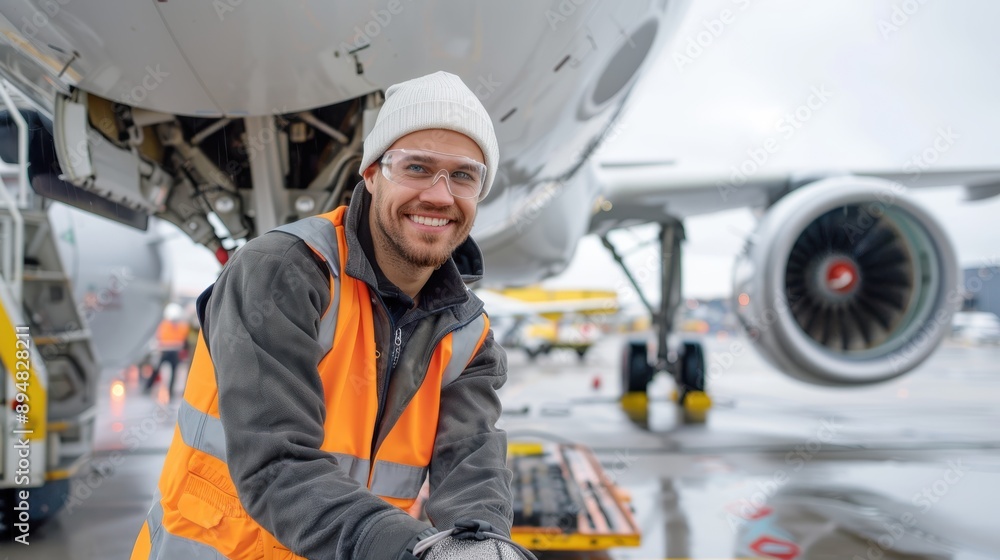 A male airport worker, smiling and wearing safety gear, stands in front of an airplane engine on the tarmac, representing aviation, safety, and industrious spirit. A male airport worker, smiling and wearing safety gear, stands in front of an airplane engine on the tarmac, representing aviation, safety, and industrious spirit.