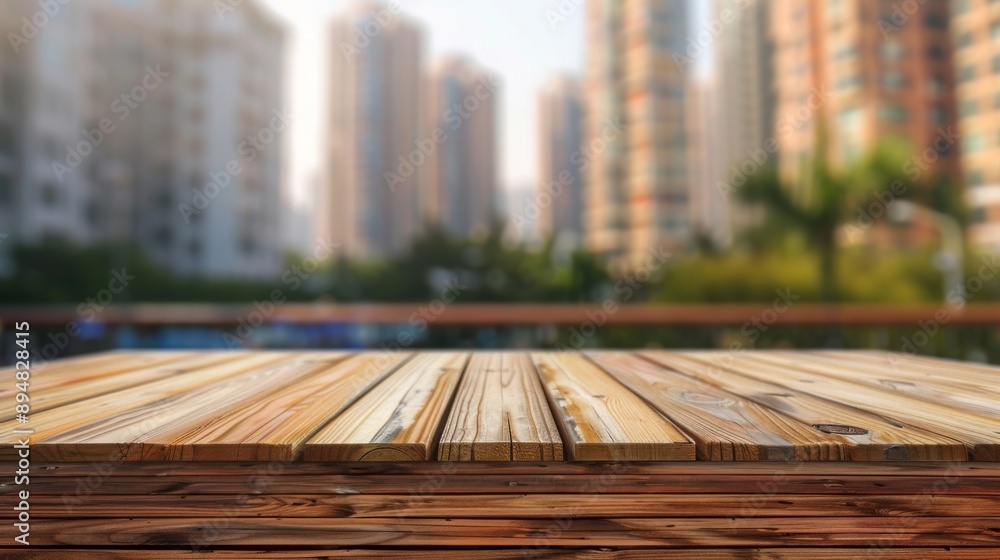 A wooden tabletop with a blurred city skyline background. A wooden tabletop with a blurred city skyline background.