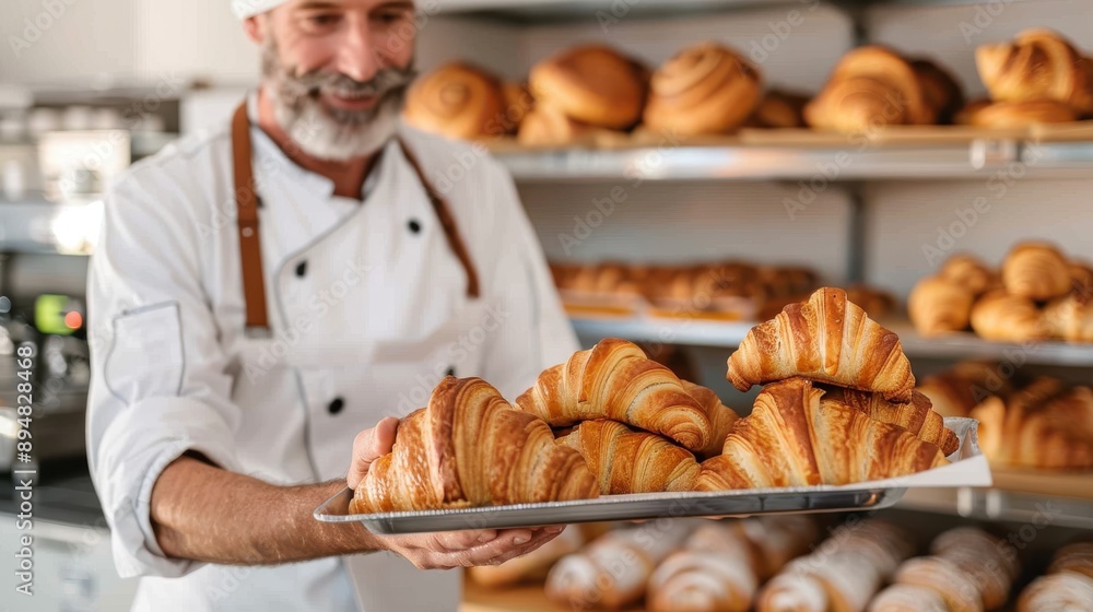 A smiling baker with a grey beard in a white uniform holds a tray of freshly baked croissants in a bakery filled with various pastries, emphasizing freshness and quality. A smiling baker with a grey beard in a white uniform holds a tray of freshly baked croissants in a bakery filled with various pastries, emphasizing freshness and quality.