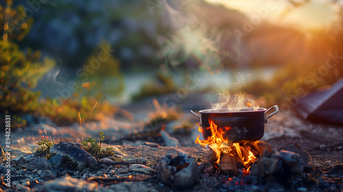 A scenic campfire setup by a tranquil lakeside at sunset, with a steaming pot over the flames, surrounded by natural beauty and soft golden light, perfect for outdoor and camping themes